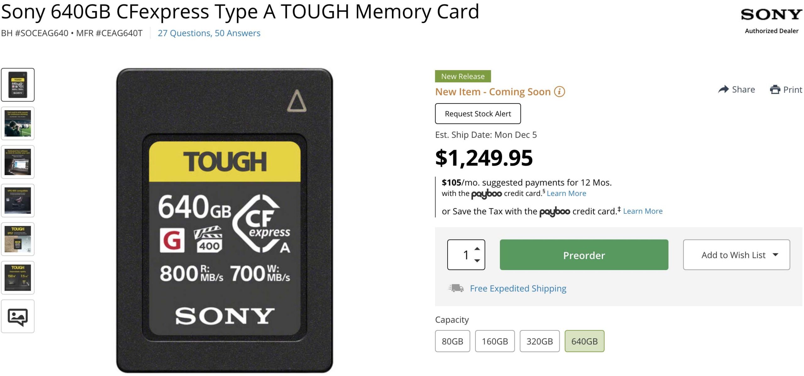 Sony 640GB & 320GB CFexpress Type A Tough Memory Card Preorders