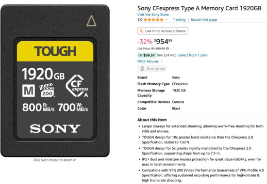 Substantial Sony Tough CFExpress Type A 1920GB Discount